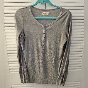 Hollister Gray Long Sleeve Henley Top - Large